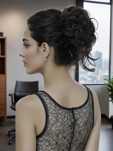 Black Messy Bun Hair Clips with Hair Attached Curly Ponytail Extension Easy Updo Hair Piece for Ladies - color: Natural Black
