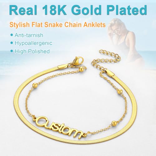 U7 Custom Layered Ankle Bracelets for Women Stainless Steel Bead/Cuban/Figaro/Rope/Wheat Chain Anklet Waterproof Anklet Jewelry for Beach Vacation - color: a-Gold Plated-Herringbone Chain