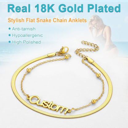 U7 Custom Layered Ankle Bracelets for Women Stainless Steel Bead/Cuban/Figaro/Rope/Wheat Chain Anklet Waterproof Anklet Jewelry for Beach Vacation - color: a-Gold Plated-Herringbone Chain