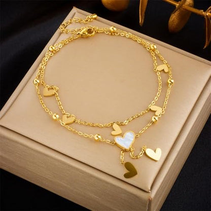 Gold Heart Anklet for Women, Layered Double Chain Ankle Bracelet, Dainty Heart Charm Anklet, Minimalist Beach Vacation Foot Jewelry