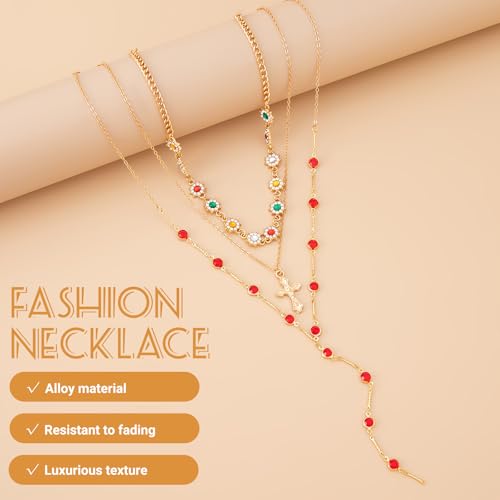 Layered Cross Necklace Set for Women, Layered Choker Necklaces Trendy Jewelry, Colorful Enamel Beaded Y-Shaped Lariat Necklace, Boho Multilayer Cross Necklace for Party and Daily Wear - color: Gold-04