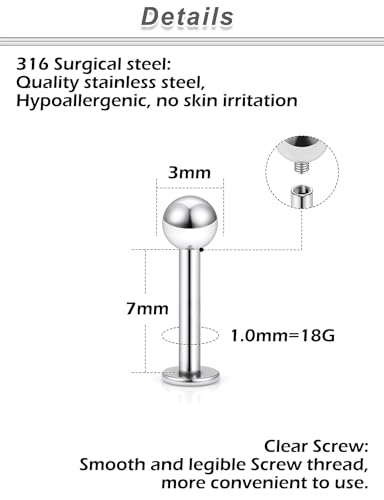 20G 18G 16G 14G 12G Lip Labret Monroe Medusa Nose Rings Stud 316L Surgical Steel Tragus Helix Cartilage Earring Tongue Cheek Piercing Jewelry Bars 6mm 8mm 10mm 12mm 14mm 16mm 19mm 18PCS - color: Silver, size: 18G - 7mm