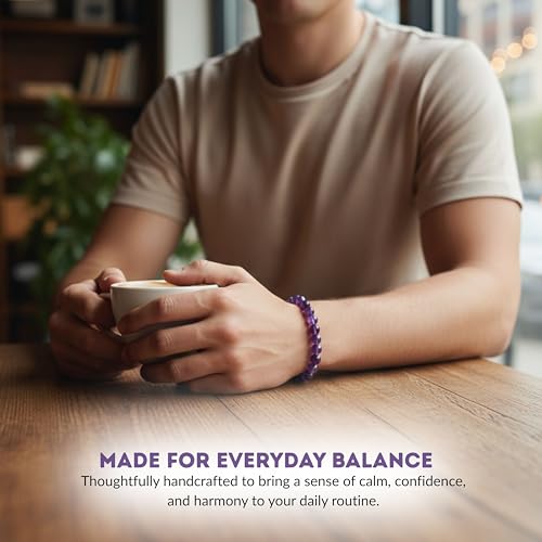 Cherry Tree Collection Tigers Eye Bracelets Plus Over 40 Other Stones – Gemstone Beads for Men & Women, Promotes Protection, Courage, Focus, Balance & Luck – Available in S, M, L with 8mm Round Beads - color: Amethyst, size: Small
