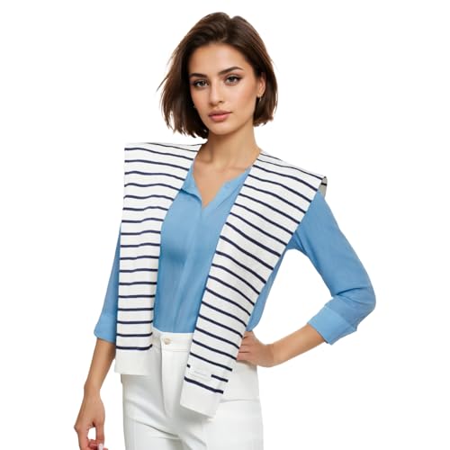 WaJuemy Women's Sweater Shawl Wraps Sleeves Knitted Collar Sweater Scarf Top Casual Lightweight Shoulder Cape Accessories - color: 17 White/Sky Blue