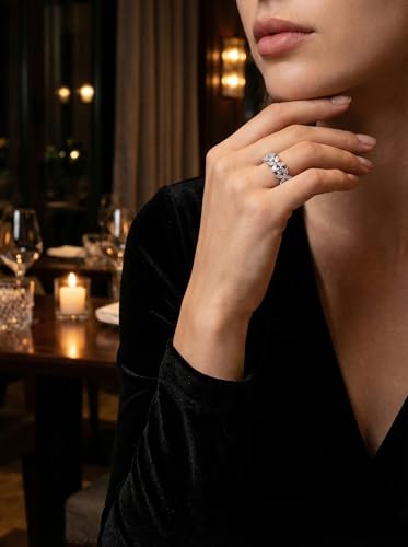 TOPGRILLZ Flower Band Rings for Women - 9 mm Cubic Zirconia Eternity Style Chunky Ring, Marquise and Round Stone, Fashion Jewelry Size 6-10 - color: Silver Tone