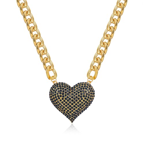 Gold Cuban Link Chain Necklace with Red Crystal Heart Pendant, Statement Chunky Curb Link Chain，Fashion Jewelry for Women - color: Black
