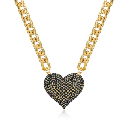 Gold Cuban Link Chain Necklace with Red Crystal Heart Pendant, Statement Chunky Curb Link Chain，Fashion Jewelry for Women - color: Black