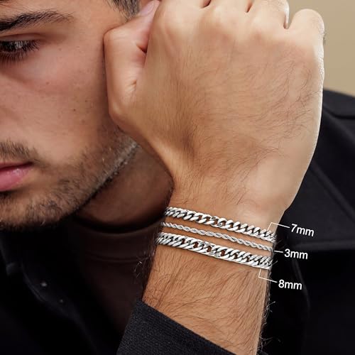 Yoosteel Silver Stackable Bracelets Stack for Men Non Tarnish | Stainless Steel Bracelet Stack, Cuban Rope Figaro Link Chain Bracelets Set, Men Trendy Jewelry Gifts, 3PCS, 7.5/8.3/9.0"