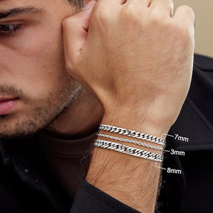 Yoosteel Silver Stackable Bracelets Stack for Men Non Tarnish | Stainless Steel Bracelet Stack, Cuban Rope Figaro Link Chain Bracelets Set, Men Trendy Jewelry Gifts, 3PCS, 7.5/8.3/9.0"