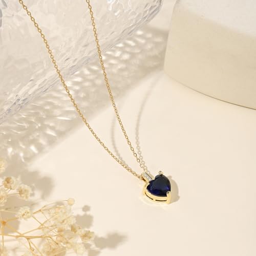 Heart Birthstone Necklace for Women, 14K Gold Plated Birthstone Pendant Necklace Cubic Zirconia Diamond Necklace Dainty Gold Necklace Birthday Gifts for Women Girls - color: 09. September(Sapphire)