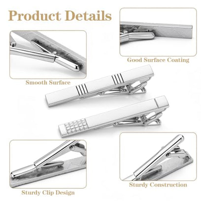 2 Pcs Tie Pins for Men, Classic Tie Clip Silver for Father Husband | Mens Tie Clip, Tie Bars for Men Stainless Steel, Formal Business Wedding Party Fathers Day Gift, Professional Fashion Designs