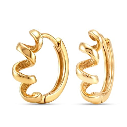 Huggie Hoop Earrings for Women - 14K Gold Plated Spiral Twister Hoop Earring | Zig-Zagging Ripple Pattern Hoop Earring | Wavy Huggie Hoops | Waterproof Twisted Wave Hoop Earrings 15MM