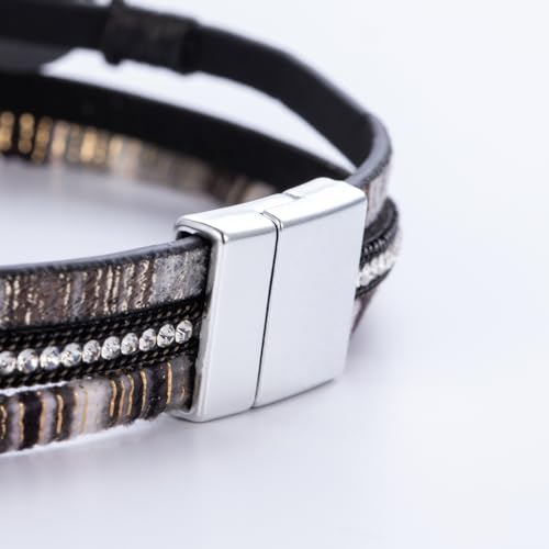 Boho Chunky Leather Wrap Bracelets Stackable Beaded Western Country Jewelry | Crystal Bead Trendy Layered Cuff Magnetic Clasp Stack Bohemian Statement Costume Outfits Cowgirl Fashion Hippie Accessories - color: Boho Black, size: 14.7"
