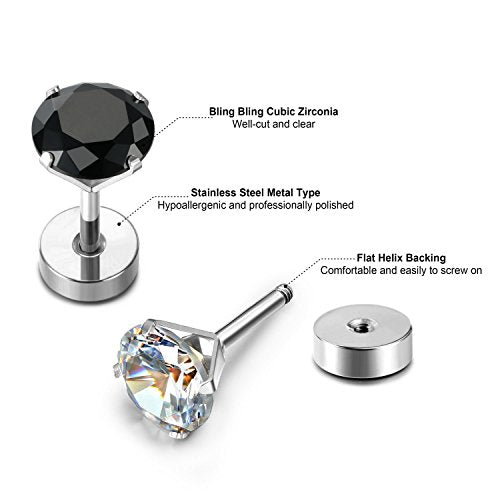 JewelrieShop Cartilage Tragus Earring Stainless Steel Stud Piercing Earring Flat Back Earrings Stud Flatback Screw Back Earrings for Women Men (16G, 6mm Bar Length, 3mm-7mm CZ, 5 Pairs) - color: 04. Steel with White Black CZ