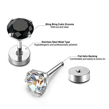 JewelrieShop Cartilage Tragus Earring Stainless Steel Stud Piercing Earring Flat Back Earrings Stud Flatback Screw Back Earrings for Women Men (16G, 6mm Bar Length, 3mm-7mm CZ, 5 Pairs) - color: 04. Steel with White Black CZ