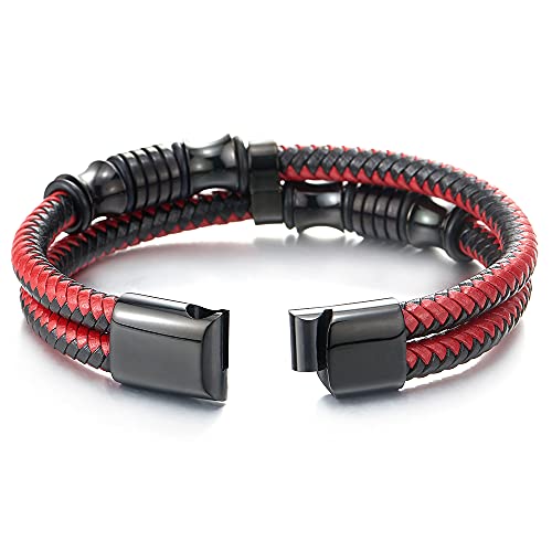 COOLSTEELANDBEYOND Mens Double-Row Braided Leather Bracelet Bangle Wristband with Black Stainless Steel Ornaments - color: F-Black Red