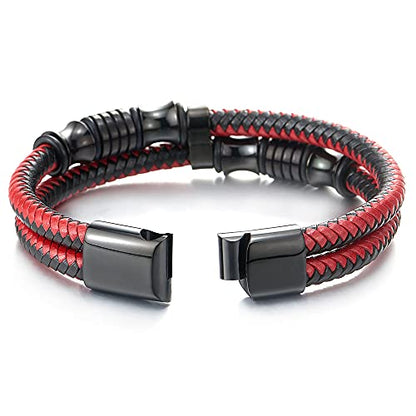 COOLSTEELANDBEYOND Mens Double-Row Braided Leather Bracelet Bangle Wristband with Black Stainless Steel Ornaments - color: F-Black Red