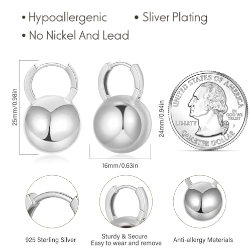 14k Gold Plated Ball Dangle Earrings for Women Sterling Silver Ball Drop Earrings Hypoallergenic Round Balls Hoop Earring Leverback Lightweight Earrings Fashion Jewelry - color: 02-silver