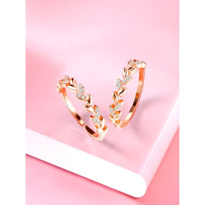 Aheli Cubic Zirconia Studded Leaf Style Adjustable Toe Ring Bichiya Fancy Jewellery for Women - color: Rose Gold