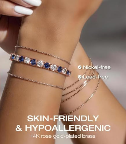 Lovans 14K Gold Plated Tennis Bracelets,White/Yellow/Rose Gold-plated Adjustable Cubic Zirconia Tennis Bracelet for Women - color: Rose Gold, size: 4MM Blue