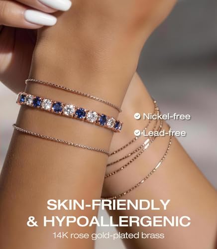Lovans 14K Gold Plated Tennis Bracelets,White/Yellow/Rose Gold-plated Adjustable Cubic Zirconia Tennis Bracelet for Women - color: Rose Gold, size: 6MM Blue