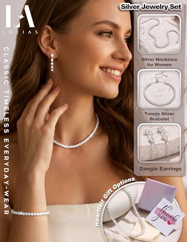 LOLIAS Silver Jewelry Set for Women Tennis Necklace Bracelet Hypoallergenic | Wedding Jewelry Sets for Brides Bridemaid,Costume Party Prom Accessories,Chockers Necklace CZ Tennis Bracelet Earrings Studs - style: Tennis Necklaces Bracelet+Dangle Earrings