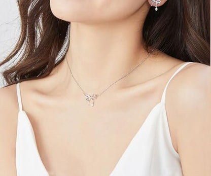 925 Sterling Silver Necklace for Women Trendy, Charming Layered Necklace with Cubic Zirconia Pendant for Her Womens Dainty Diamond Choker Necklaces Holiday Jewelry Gifts for Mom Wife Daughter Lover - color: Bowknot-Silver