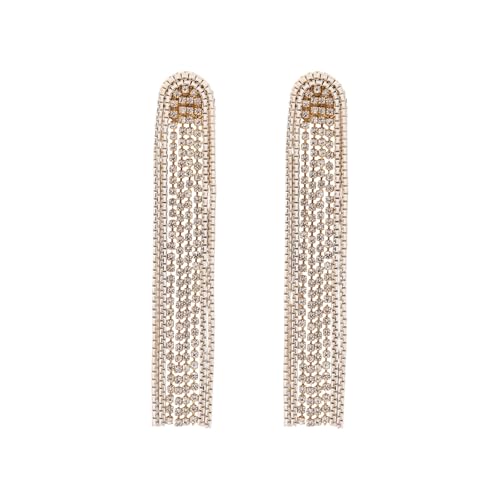 Fringe Dangling Tassel Earrings for Women, Handcrafted Chandelier Long Bohemian Beaded Cubic Zirconia Crystal Imitation Pearls Inlay Statement Boho Chain Hook Earrings for Wedding Party - color: Gold White Clear Crystal