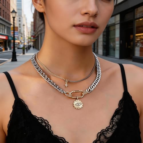 Mixed Metal Stack for Women, Multi Layered Two Tone Gold and Silver Coin Pendant Paperclip Stacked Necklace with Star and Celestial Charms, Chunky Trendy Statement Jewelry Gifts - color: Silver