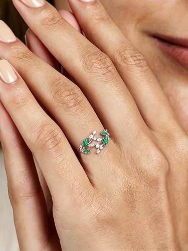 Silver Leaf Ring for Women 925 Sterling Silver Yellow Gold Plated CZ Inlaid Marquise Sapphire/Ruby/Emerald Cocktail Rings Size 6 to 10 - color: Emerald - Silver