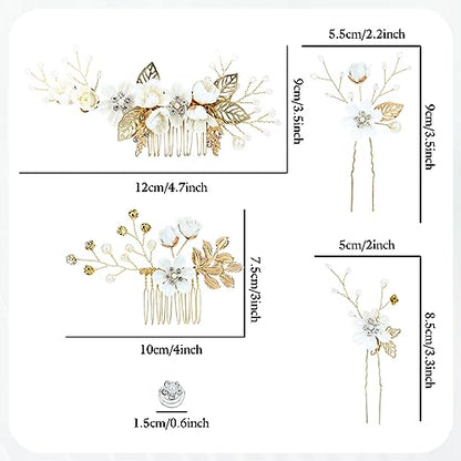 Cinaci 18 Pieces Bridal Wedding Party Prom Pearl Rhinestone White Flower Hair Side Combs Slides+U-shaped Flower Hair Pins+Twist Spiral Hairpins Floral Headpieces for Brides Bridesmaids Women Girls - color: Gold White