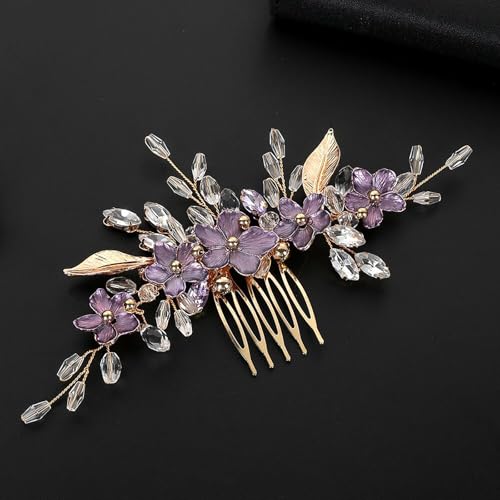 Flower Leaf Design Wedding Hair Comb, Metal Bridal Hair Accessory with Rhinestone, Wedding Prom Hair Clip Headpiece for Women (Gold Purple Flower) - color: Gold Purple Flower