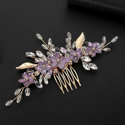 Flower Leaf Design Wedding Hair Comb, Metal Bridal Hair Accessory with Rhinestone, Wedding Prom Hair Clip Headpiece for Women (Gold Purple Flower) - color: Gold Purple Flower
