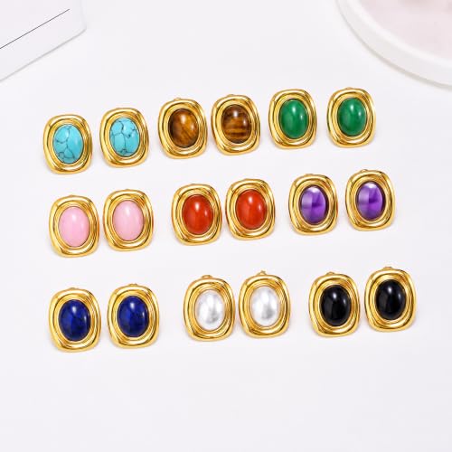 Chunky Gold Stud Earrings for Women 18K Gold Plated Hypoallergenic Chunky Statement Earrings Big Natural Crystal Stone Earring Gift for Women - color: Jade