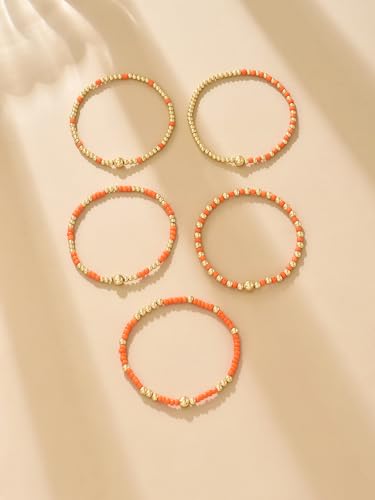 LOTSOF Bohemia Multilayer Beaded Bracelet Set, Turquoise Resin Colorful Surfer Heishi Style Elastic Spring Clasp Friendship Elastic Wristbands Summer Beach Boho Vacation Jewelry - color: Orange