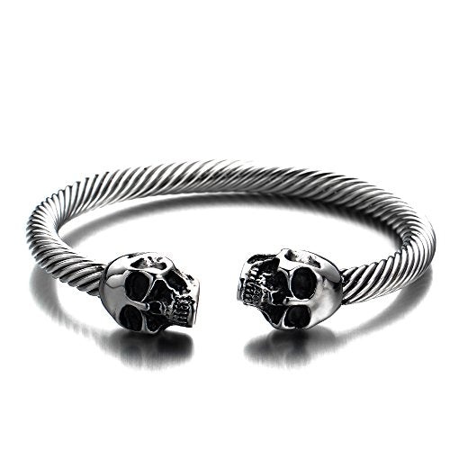 COOLSTEELANDBEYOND Elastic Adjustable Unique Mens Skull Cuff Bangle Steel Twisted Cable Bracelet Polished - color: C-Metal Color: Silver & Black