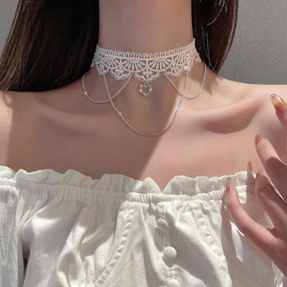 Lace Heart Choker Necklace, Multi-Layer Tassel Gothic Lolita Jewelry | Lace choker with heart pendant and multi-layer tassels. Romantic gothic aesthetic, perfect for lolita or edgy party looks.