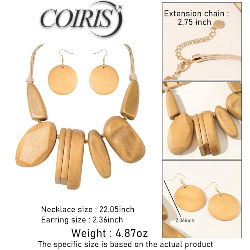 Coiris Chunky Statement Necklace and Earring Sets for Women Boho Wooden Necklaces Earrings Jewelry Set for Women - color: Beige