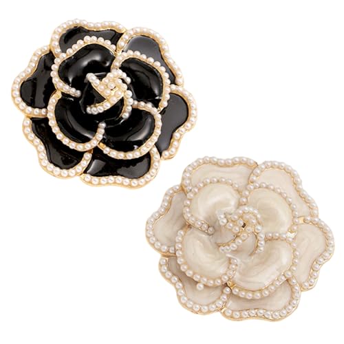 2PCS Camellia Pearl Alloy Pin, Black and White Camellia Brooch and Pin, Elegance Flower Pearl Brooches Lapel Pins for Hats Scarf Tie Wreath Garments Decoration Accessories for Women - color: Camellia