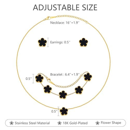 Clover Jewelry Set for Women, 18K Gold Plated Necklace Bracelet & Stud Earrings Set, Stainless Steel Non Tarnish Gold Jewelry Set, Lucky Necklace and Earring Set Gift for Her - color: Black