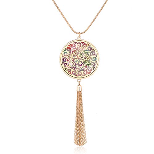 MOLOCH Long Necklaces For Woman Disk Circle Pendant Necklaces Tassel Fringe Necklace Set Statement Pendant - color: disk--gold-Floral