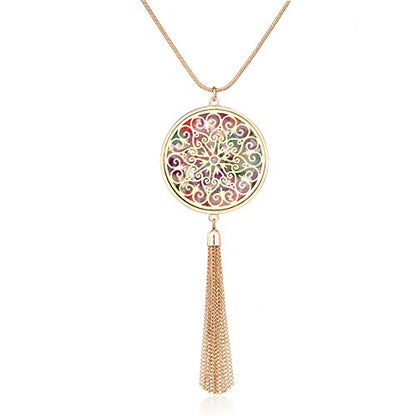 MOLOCH Long Necklaces For Woman Disk Circle Pendant Necklaces Tassel Fringe Necklace Set Statement Pendant - color: disk--gold-Floral