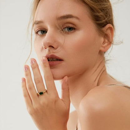 Gold Emerald Rings Gold Rings for Women Dainty Green Rings Cut Emerald Gemstones CZ Non Tarnish Gold Rings 14K Gold Plated Rings for Women Band Size 6/7/8/9 - size: Size 9