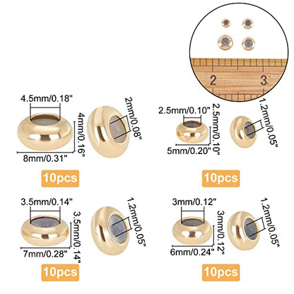 PH PandaHall 24K Gold Plated Stopper Spacer, 4 Sizes Brass Rubber Beads 40pcs Adjustable Slider Beads Insert Rubber Stopper Positioning Spacer for Beaded Garden Decor Bracelet Jewelry Making - size: 5/6/7/8mm