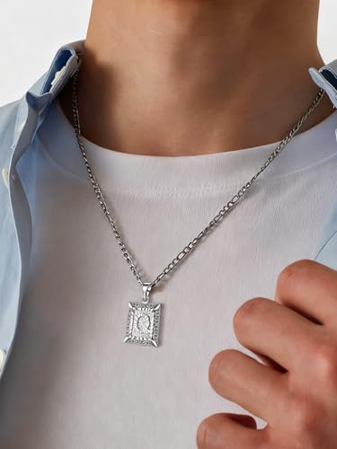 U7 Initial Letter Necklace for Men Women, 14K Gold/Silver Plated Square Capital Monogram Pendant Necklace from A-Z with 22+2 Inch Figaro Chain, Personalized Jewelry for Him - color: Silver, style: Q