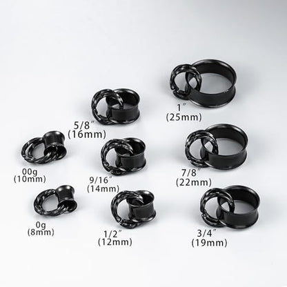 1 Pair Basic gauges+2 twisty rings Ear Tunnels Plugs 316 Stainless Steel Ear Gauges Weight Saddle Plugs Hypoallergenic expander Piercing Body Jewelry 00g 0g-1'' - color: Twisty-Black, size: 10 mm