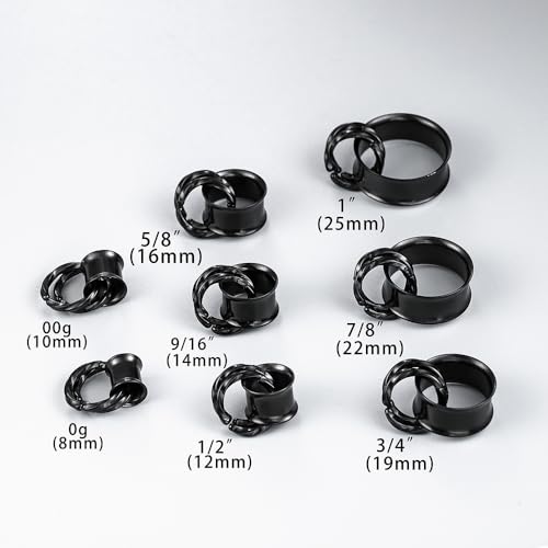 1 Pair Basic gauges+2 twisty rings Ear Tunnels Plugs 316 Stainless Steel Ear Gauges Weight Saddle Plugs Hypoallergenic expander Piercing Body Jewelry 00g 0g-1'' - color: Twisty-Black, size: 16 mm