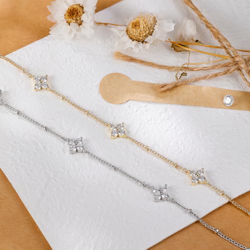 Dainty Lucky Four Leaf Clover Bracelets for Women, Trendy 14K Gold Plated Hypoallergeni Cubic Zirconia Bracelets Cute Paperclip Interlocking Adjustable Chain - color: Gold Clover Bracelet