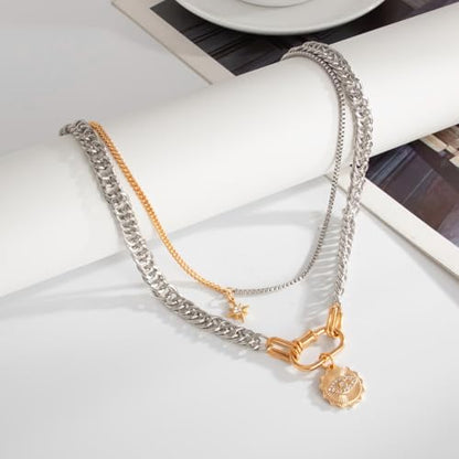 Gold Layered Necklace for Women Chunky Stacked Chain Link Paperclip Evil Eye Necklace Trendy Punk Jewelry - color: Silver A