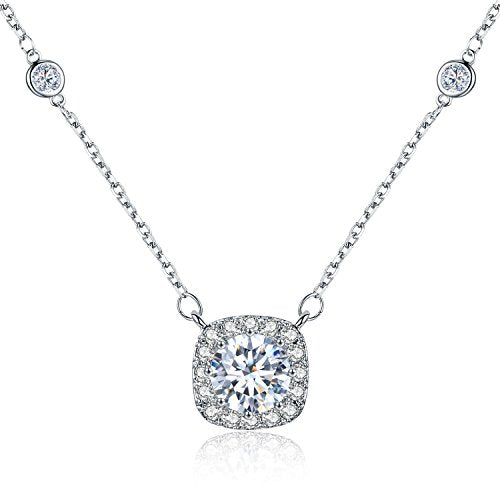 SBLING Platinum Plated Cubic Zirconia/Austrian Crystal Cushion Shape Halo Pendant Necklace/Earrings - color: Fixed pendant-Cubic Zirconia